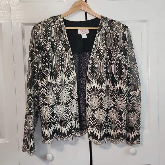 Vintage Let's Fashion Women's Black Silver Gold Semi-sheer Shimmery Jacket XL - Picture 1 of 10